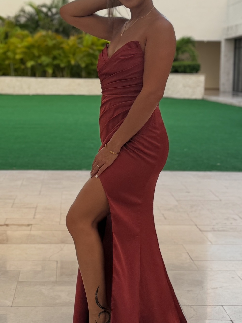 Azazie Elegant Women's Burgundy High-Slit Maxi dress